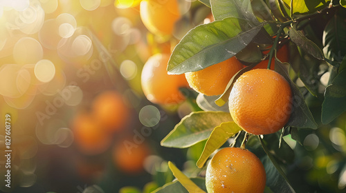 A bunch of  fresh ripe oranges hanging on a tree in , generative AI