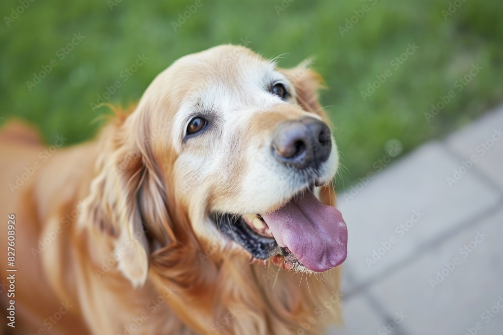 A dog with a tongue sticking out and a smile on its face. The dog is looking at the camera and he is happy