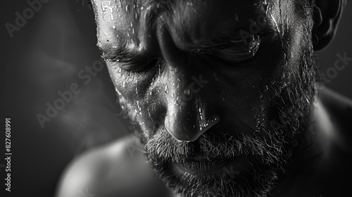 A man with a beard and sweat on his face