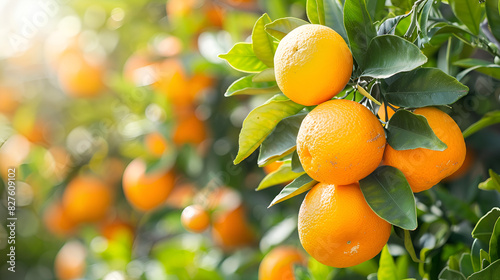 A bunch of  fresh ripe oranges hanging on a tree in , generative AI