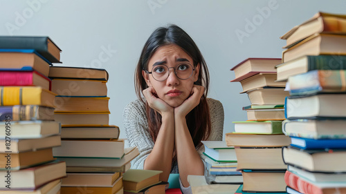 Student surrounded by stacks of books, looking overwhelmed, isolated on white background, academic pressure, copy space, stock photo photo