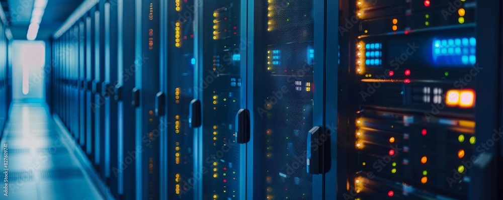 Server room. Rows of server racks with blinking lights in data center ...