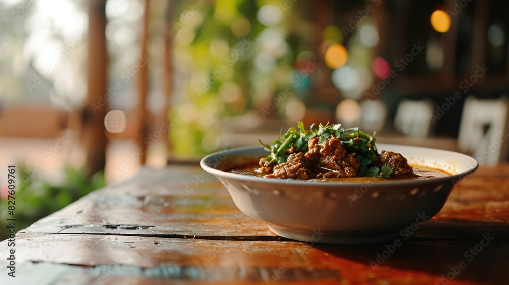 A bowl of food is on a wooden table. The bowl is filled with meat and vegetables. The table is surrounded by chairs A bowl of food is on a wooden table. The bowl is filled with meat and vegetables. The table is surrounded by chairs