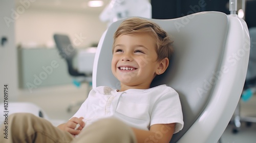 A young boy is sitting in a dentist chair with a big smile on his face. He is wearing a white shirt and khaki pants