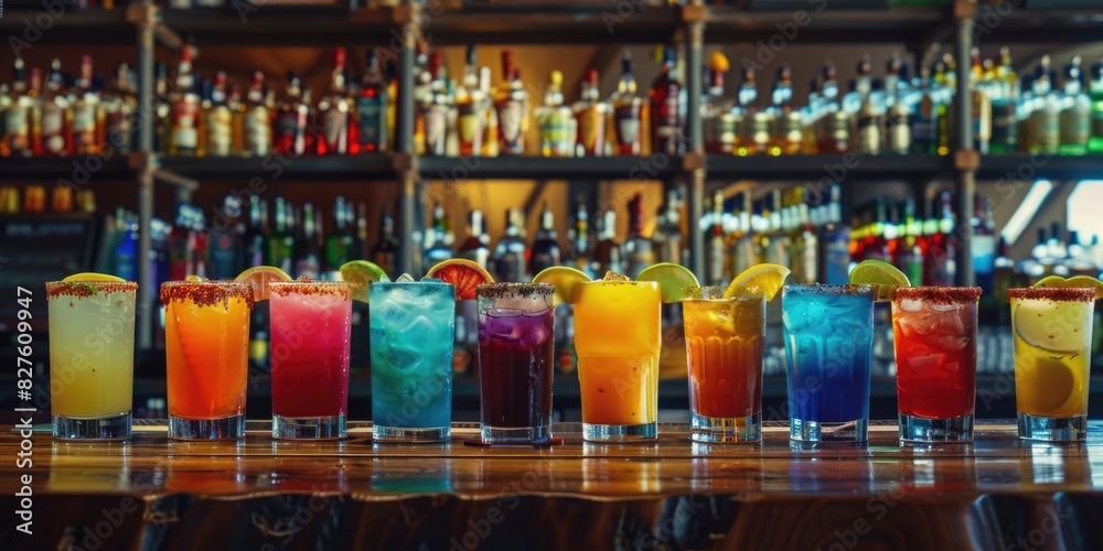 A row of colorful drinks on a bar counter. The drinks are in various colors and sizes, and they are lined up in a row. Concept of variety and abundance