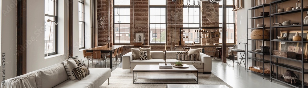 Fototapeta premium Urban Loft Living, a modern urban loft with white walls, exposed brick, and large windows