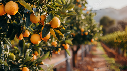 A bunch of  fresh ripe oranges hanging on a tree in , generative AI