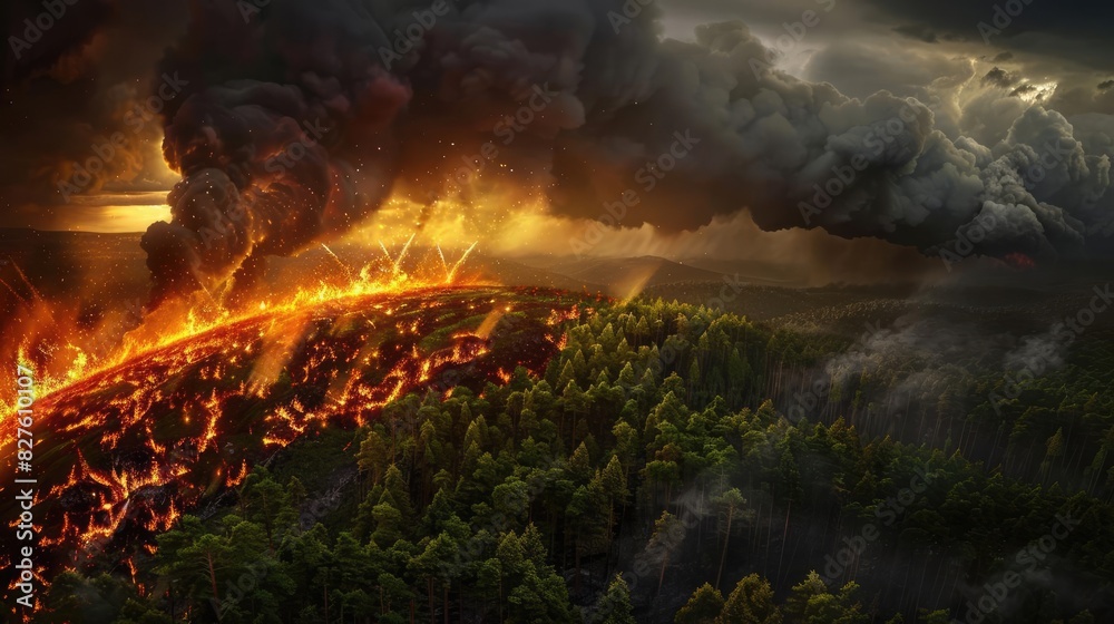 Dramatic landscape of a forest fire consuming trees with intense flames and dark smoke under a stormy sky. Dramatic landscape of a forest fire consuming trees with intense flames and dark smoke under a stormy sky.