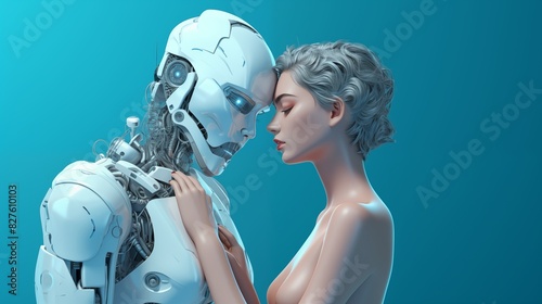 Intellectually charming 3D scene of a robot and girl kissing, isolated on a blue background photo