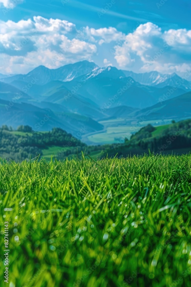 A mountain range with snow on the tops and a lush green field below. The sky is clear and blue, and the mountains are in the background A mountain range with snow on the tops and a lush green field below. The sky is clear and blue, and the mountains are in the background