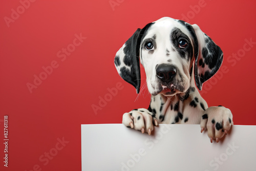 Smiling Dalmatian Puppy Holding White Canvas with Paw © Jakraphong