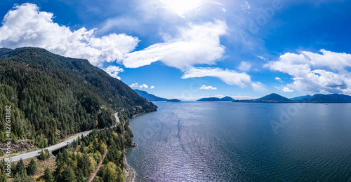 Sea to Sky Highway in Howe Sound, West Coast Ocean with Mountain Landscape. photo