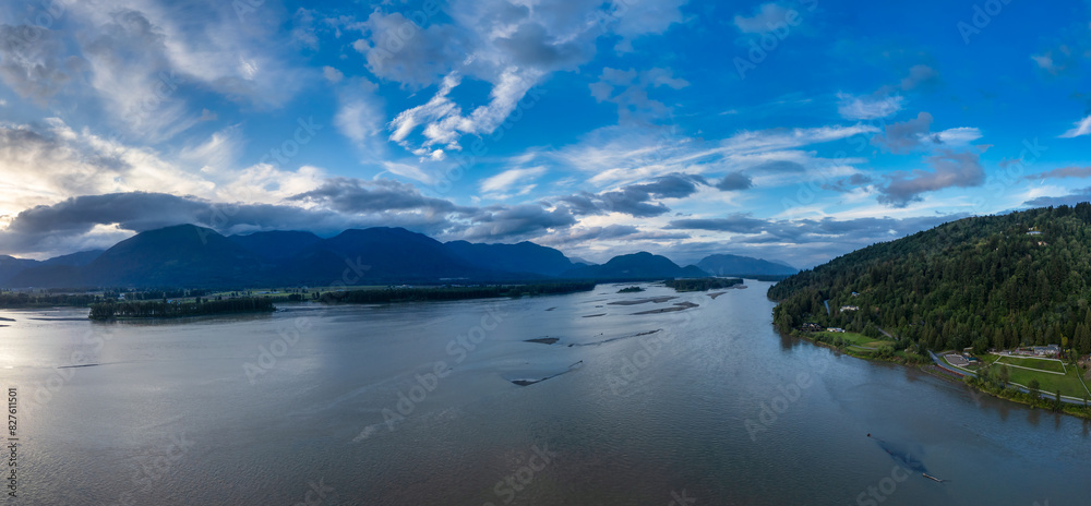 Obraz premium Aerial panorama of Canadian Mountain Landscape in Valley. Sunny Sunset