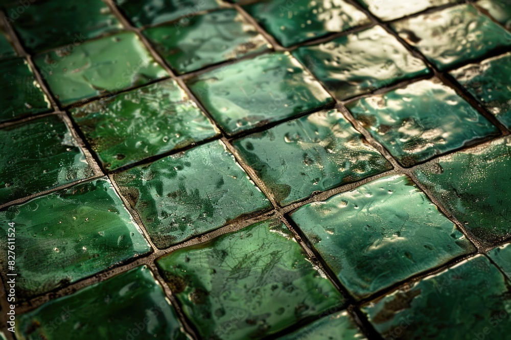 A green tile floor with a shiny, reflective surface. The tiles are arranged in a checkered pattern A green tile floor with a shiny, reflective surface. The tiles are arranged in a checkered pattern