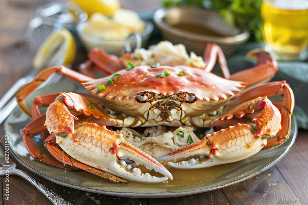 Steamed Blue Crab with Garnish on Plate Steamed Blue Crab with Garnish on Plate