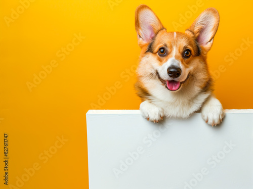 Smiling Pembroke Welsh Corgi Puppy Holding Blank Canvas © Jakraphong