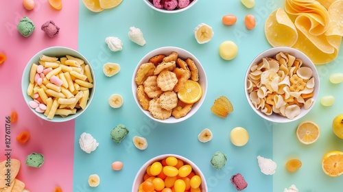 A colorful assortment of fruits and snacks are arranged in four different bowls