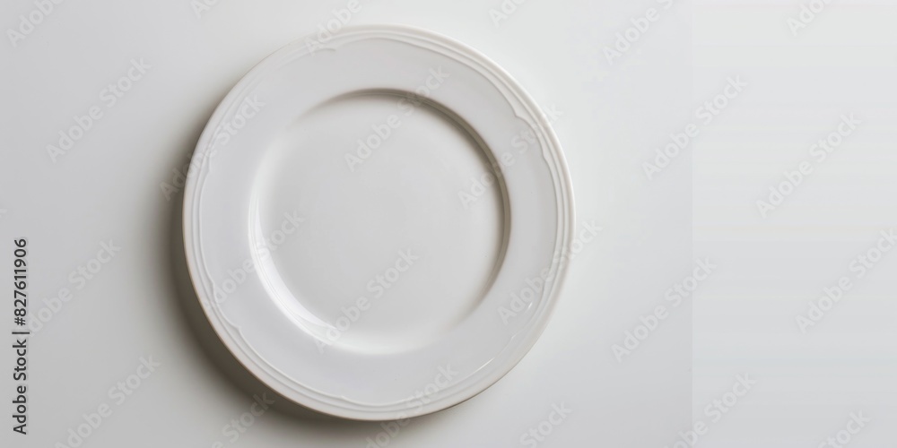 A white plate with a white rim sits on a white background. The plate is empty and has a simple, elegant design