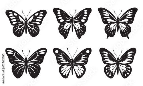 butterflies silhouette black set isolated white background 