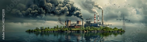 Wallpaper Mural Industrial factory on an island with heavy smoke polluting the sky. The plant is surrounded by water and green vegetation. Torontodigital.ca