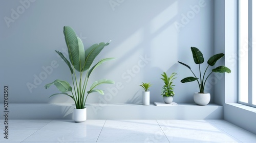 A white wall with three potted plants on it. The plants are green and are placed in different sizes. The room is empty and has a minimalist feel to it