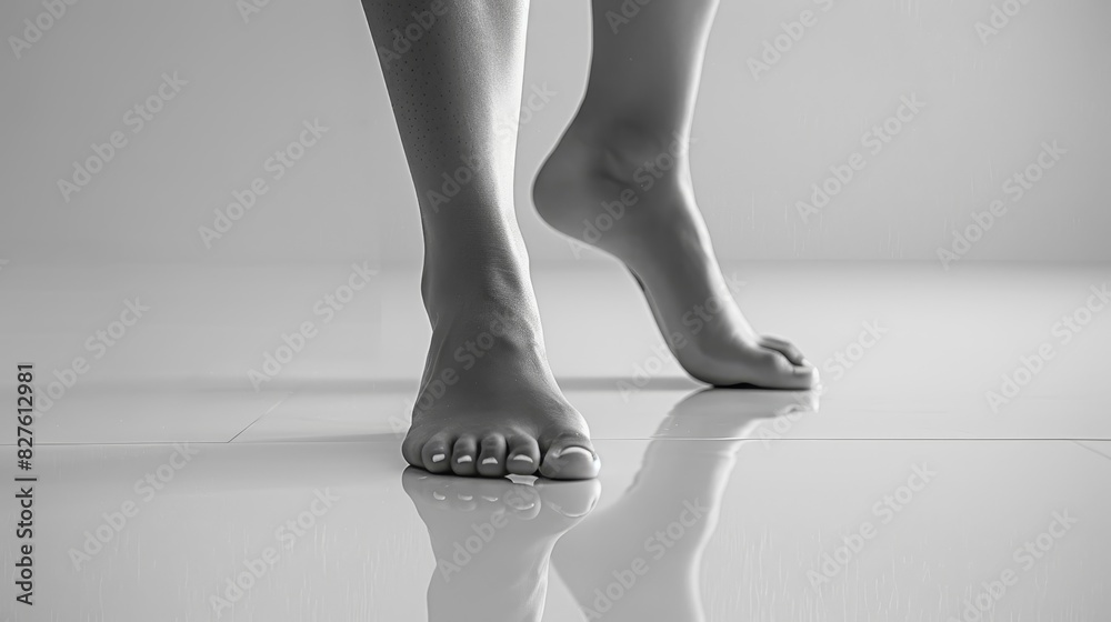 A woman's feet are shown on a white floor A woman's feet are shown on a white floor
