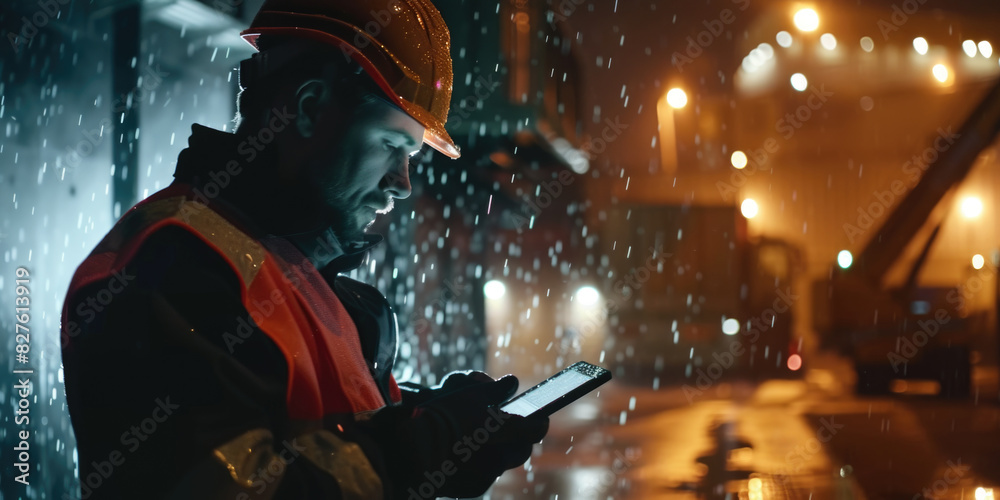 Obraz premium A man in a safety vest is looking at a tablet while it is raining. The scene is dark and the man is wearing a hard hat