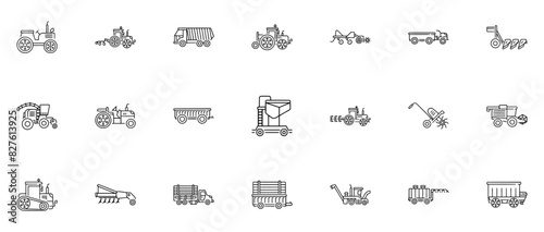 Mega Set Of Vector Farming Vehicles Line Isolated Silhouette Solid Icons With Vehicle,Trailer,Farming,Tractor,Agriculture Pictograms And Infographics Design Elements Vector Illustration