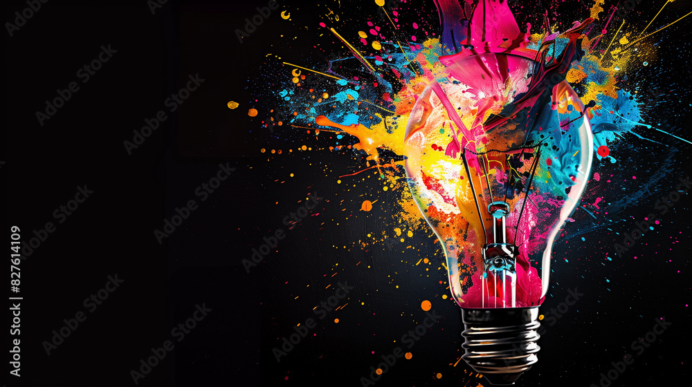 Creative light bulb exploding with colorful paint and splashes on a black background. Think differently creative idea concept.