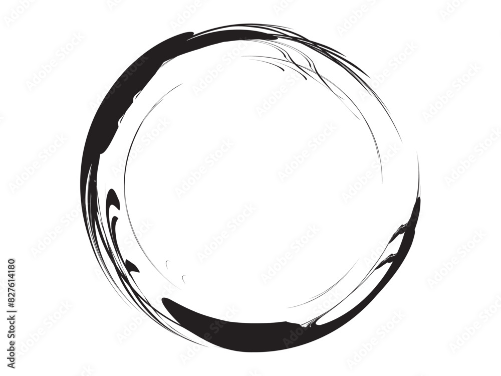 Black ink circle made with brush. Grunge round element made of black paint.