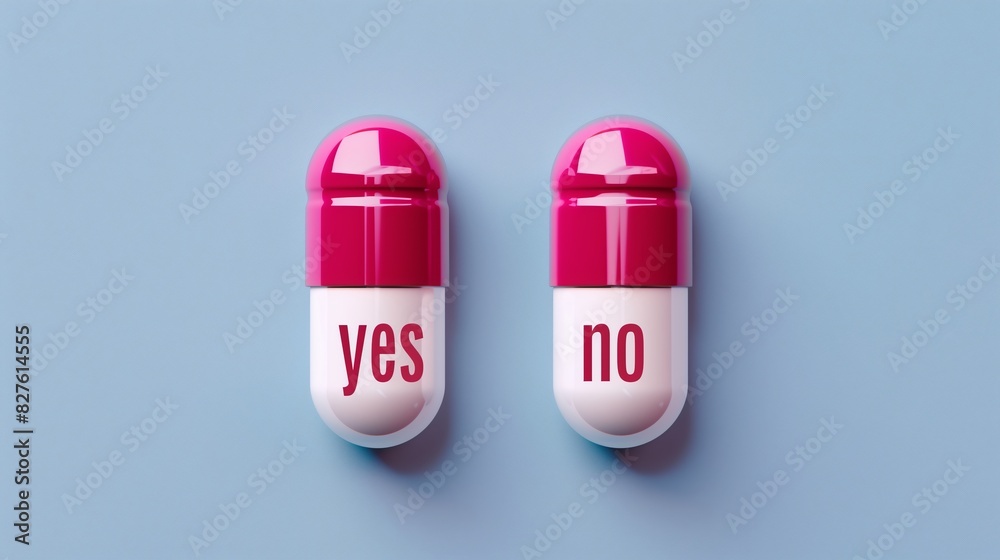 Two identical capsules of red and white color with the inscriptions Yes or No on a blue background. Choice concept Two identical capsules of red and white color with the inscriptions Yes or No on a blue background. Choice concept