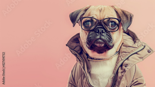 Adorable dog wearing glasses and a jacket with a stylish expression on a pink background, capturing a cute and humorous moment.