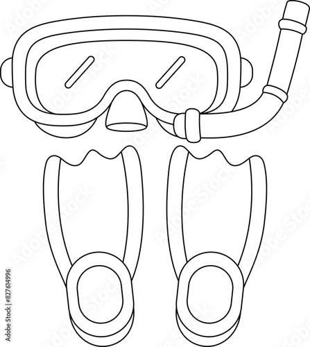 Mask, breathing tube, flippers hand drawn symbols isolated on white background coloring page for kids. Summer activity holiday vector illustration