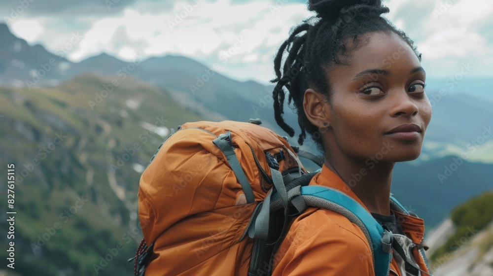 Naklejka premium A woman with dreadlocks is wearing an orange backpack and standing on a mountain. She has a smile on her face and she is enjoying the view