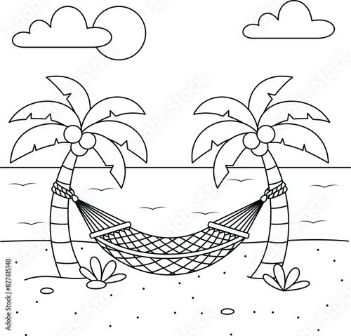 Hammock hung on a coconut tree on the summer beach coloring page for kids. Summer activity holiday vector illustration