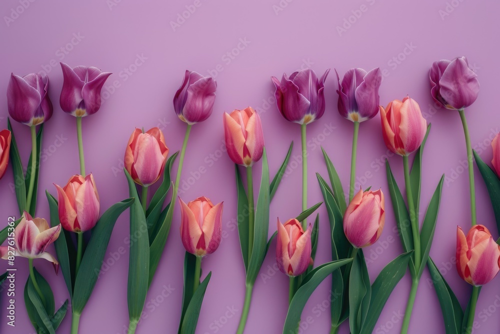 A row of pink and orange tulips are arranged on a purple background. The flowers are in full bloom and create a sense of warmth and happiness A row of pink and orange tulips are arranged on a purple background. The flowers are in full bloom and create a sense of warmth and happiness