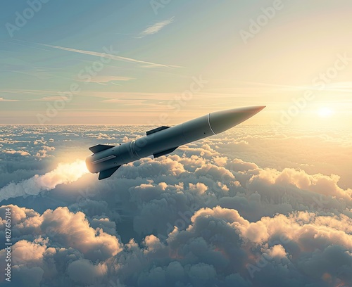 An intercontinental ballistic missile flies above the clouds. Tactical nuclear weapons. Air attack. Illustration for varied design. photo