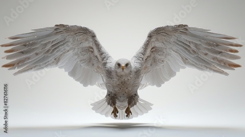 A white bird with a sharp beak is flying in the air. The bird's wingspan is large, and it is soaring high above the ground. Concept of freedom and grace