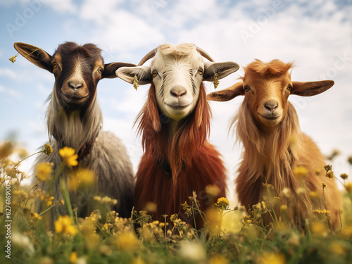 Colorful goats gaze at the photographer in the field photo