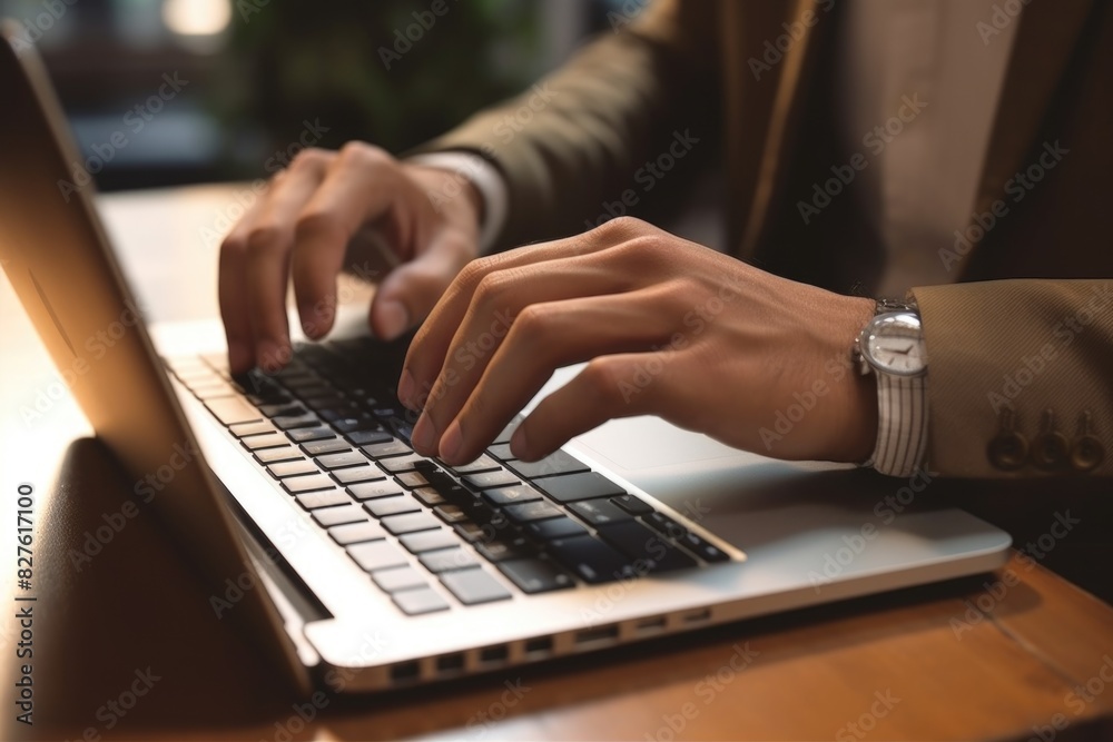 A man is typing on a laptop computer. He is wearing a watch and a suit. Concept of professionalism and focus as the man works on his laptop A man is typing on a laptop computer. He is wearing a watch and a suit. Concept of professionalism and focus as the man works on his laptop