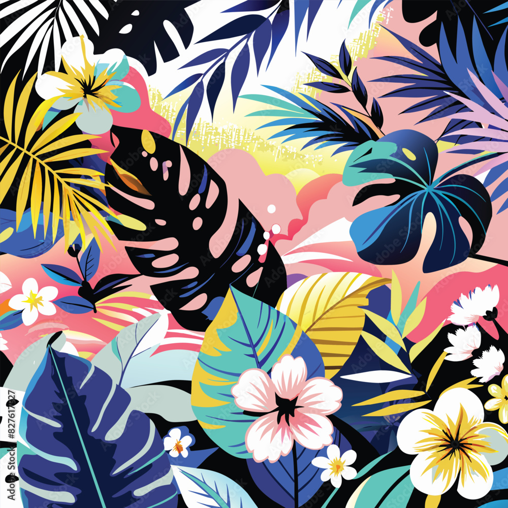Fototapeta premium Tropical Floral Pattern with Colorful Leaves and Flowers