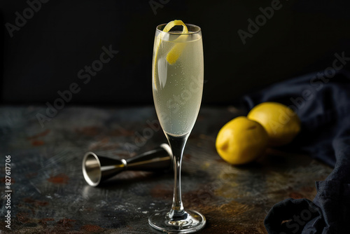 French 75 cocktail with lemon twist garnish