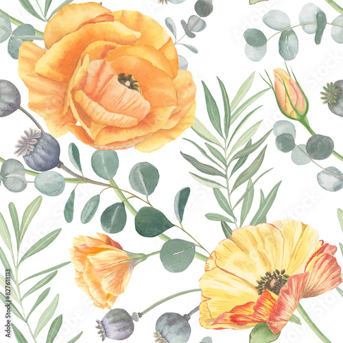 Orange Buttercup flowers, eucalyptus branch watercolor seamless pattern isolated on white. Summer poppy, green leaves bouquet. Romantic floral arrangement. Blooming spring garden