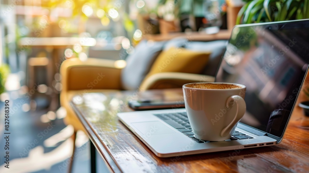 Remote work setup, coffee on laptop Remote work setup, coffee on laptop