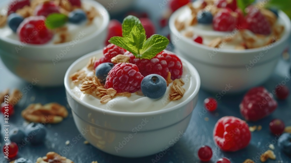 Three bowls of fruit and yogurt with blueberries and raspberries Three bowls of fruit and yogurt with blueberries and raspberries