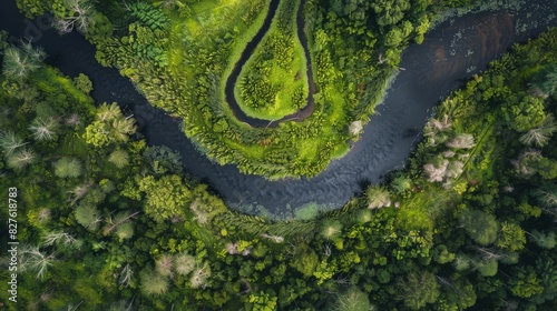 Aerial View of Winding River in Forest 
