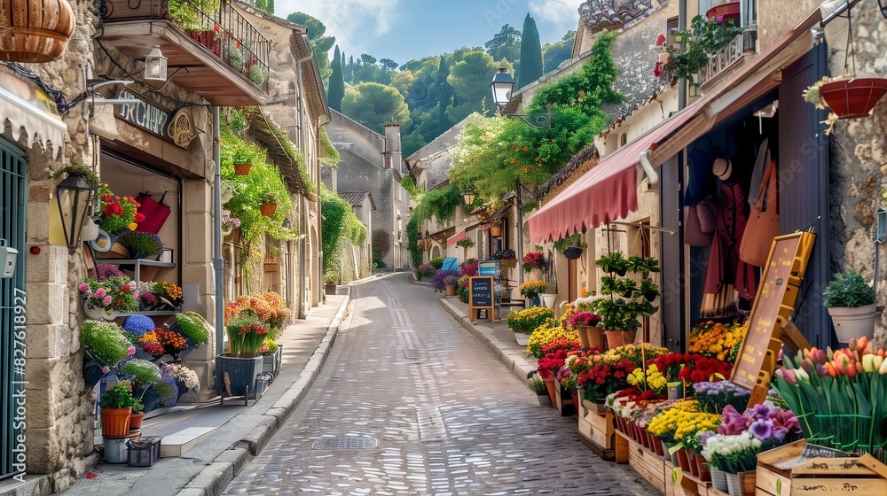 Fototapeta premium A scenic drive through a European village reveals charming cobblestone streets, historic buildings, and vibrant flower markets.