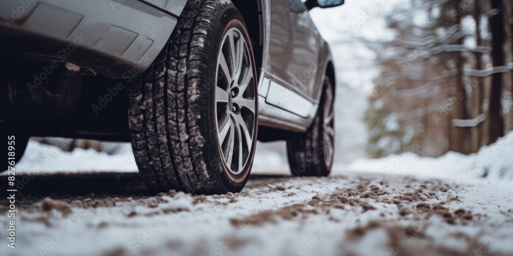 A car with snow on the ground and tire tracks. The car is parked on a snowy road