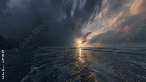 The sky is dark and cloudy, and the ocean is calm. The sun is setting, casting a warm glow over the water