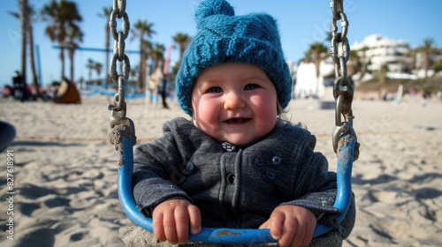 A baby wearing a blue hat is sitting on a swing. The baby is smiling and he is enjoying the experience